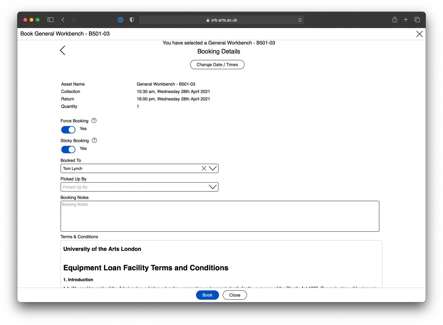 Screenshot of ORB showing the booking finalisation screen with agree to terms and conditions toggle