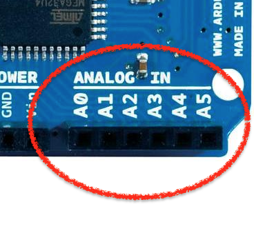 Photo highligting the analog input pins on an Arduino board