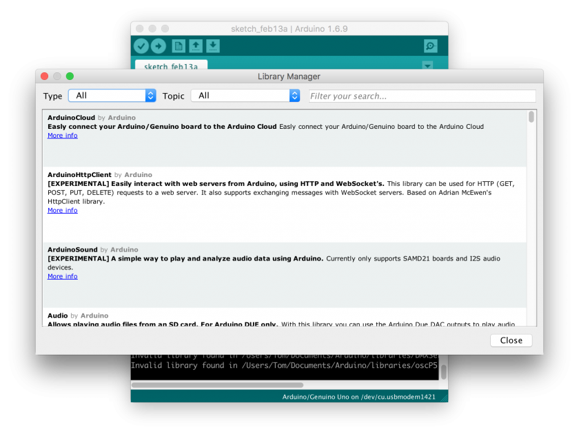 Screenshot: Arduino app with the Library Manager open