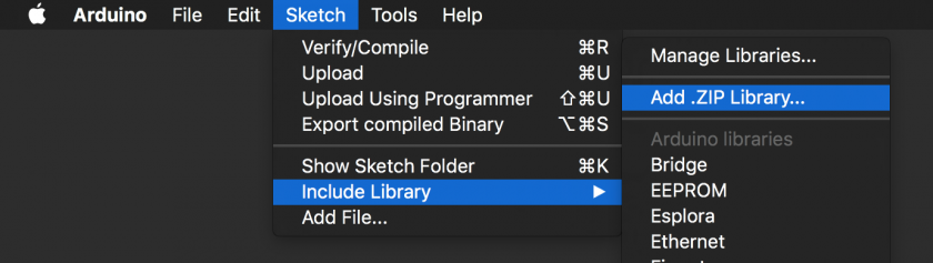Screenshot: Arduino app highlighting Sketch &gt; Include Library &gt; Add .ZIP Library..