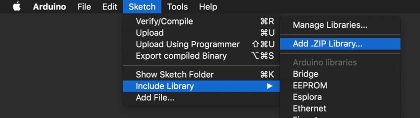 Screenshot: Arduino app highlighting Sketch > Include Library > Add .ZIP Library..