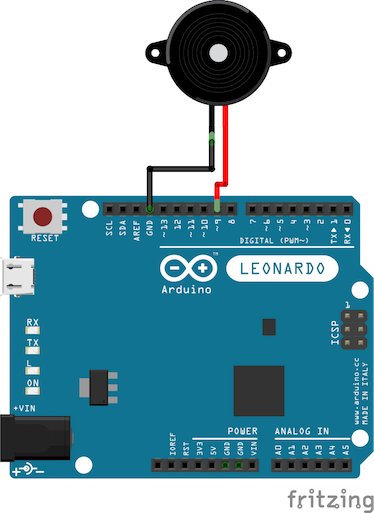 Diagram showing how to connect a piezo to the Arduino