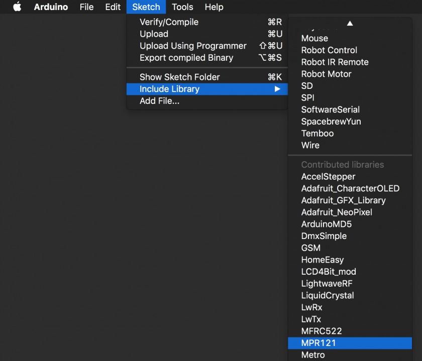 Screenshot: Arduino app highlighting Sketch > Include Library > Add .ZIP Library...