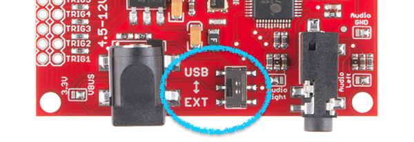 Photo highligting the USB/EXT(ernal power) switch on the breakout board