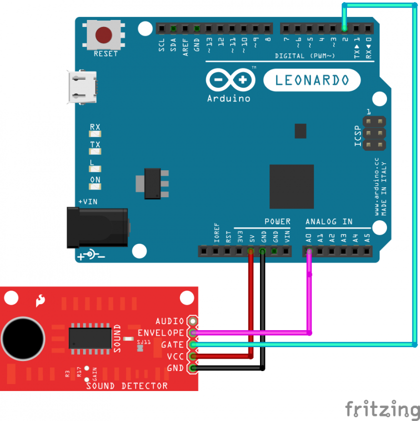 Diagram showing how to connect the Sparkfun Sound Detector to an Arudino
