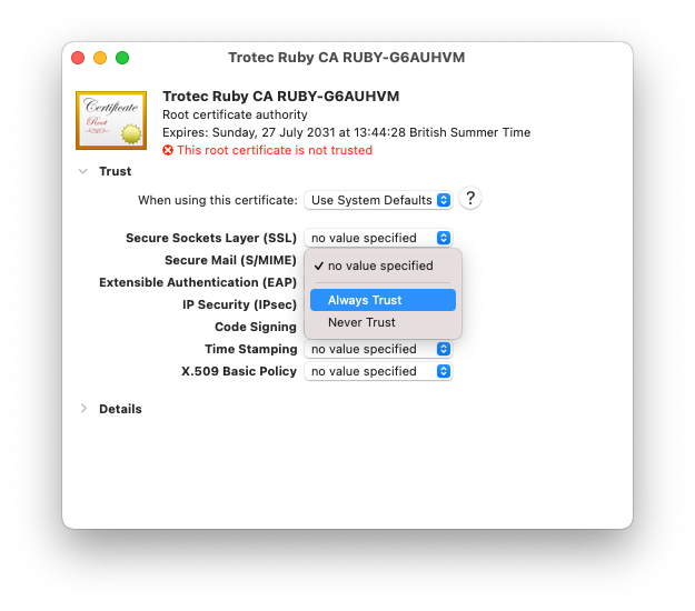 Screenshot of selecting &quot;Always Trust&quot; for SSL