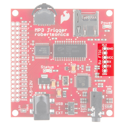 A screenshot of the MP3 trigger indicating the position of the FTDI pins