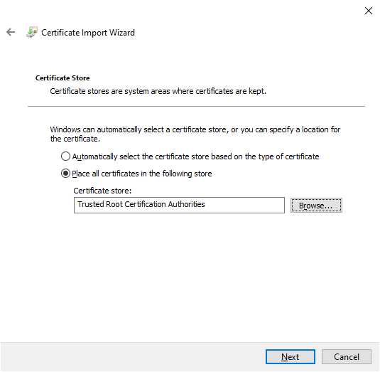 Screenshot showing the certificate destination is selected