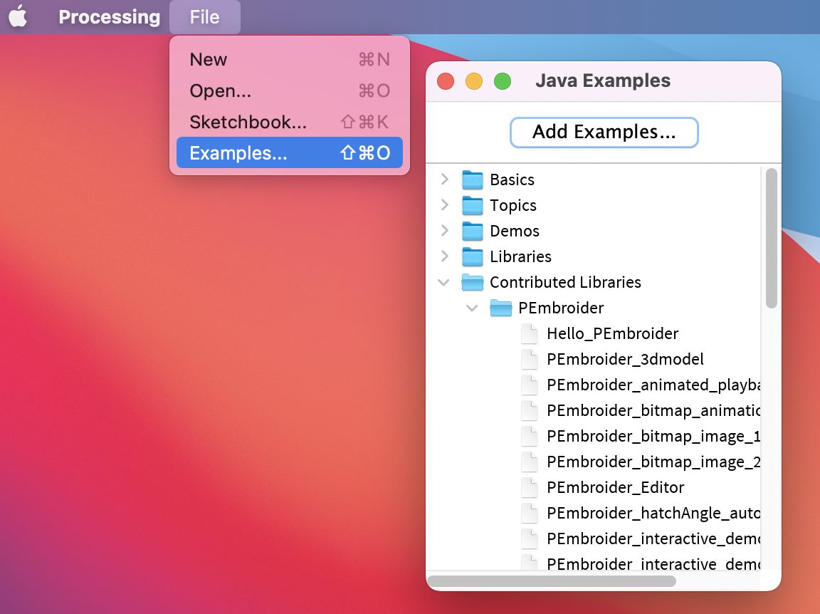 A screenshot that shows how to navigate to the examples folder -&gt; first select examples in the 'file' menu of processing, then navigate to the 'contributed libraries/PEmbroider' subfolder