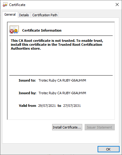 Screenshot of certificate information with option to Install Certificate