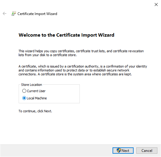 Screenshot of certificate import wizard asking where the certificate should be installed