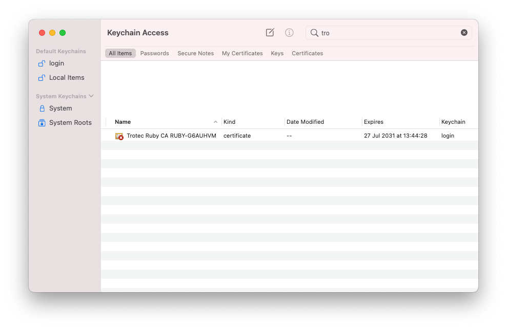 Screenshot of main Keychain app window searching the login keychain for &quot;Tro&quot;