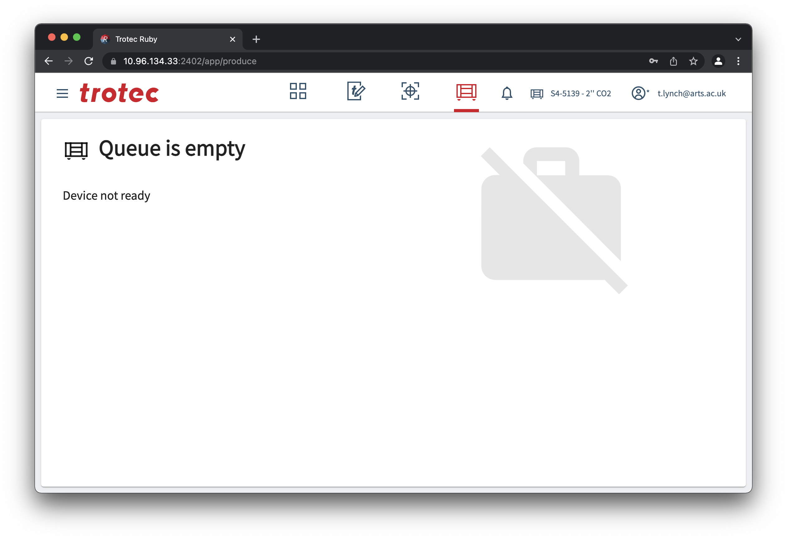Screenshot of the Trotec Ruby Produce screen