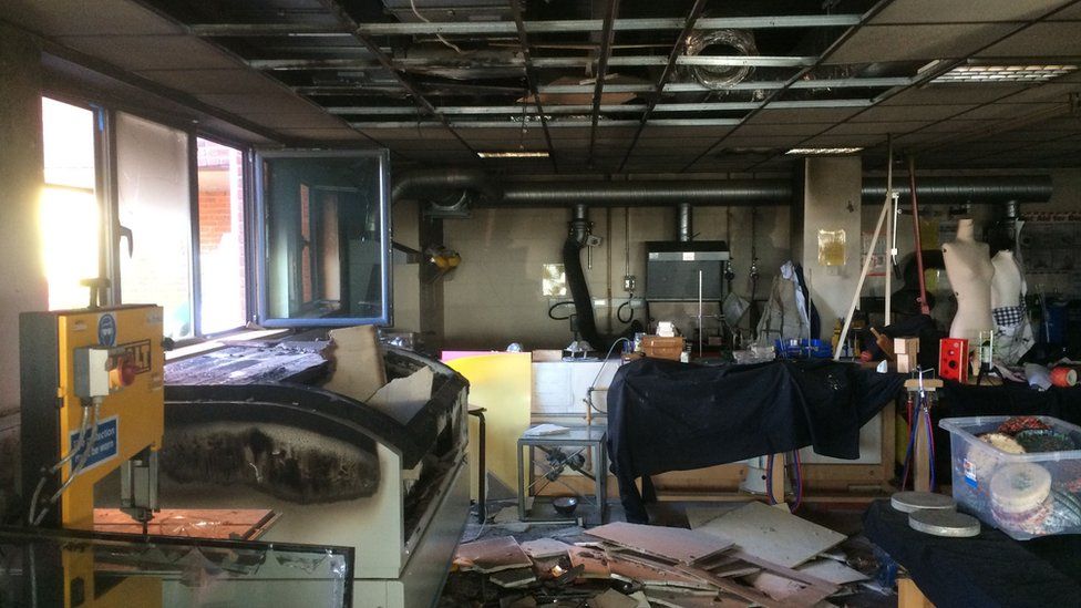 Photo of a room destroyed by a laser cutter fire at a UK school