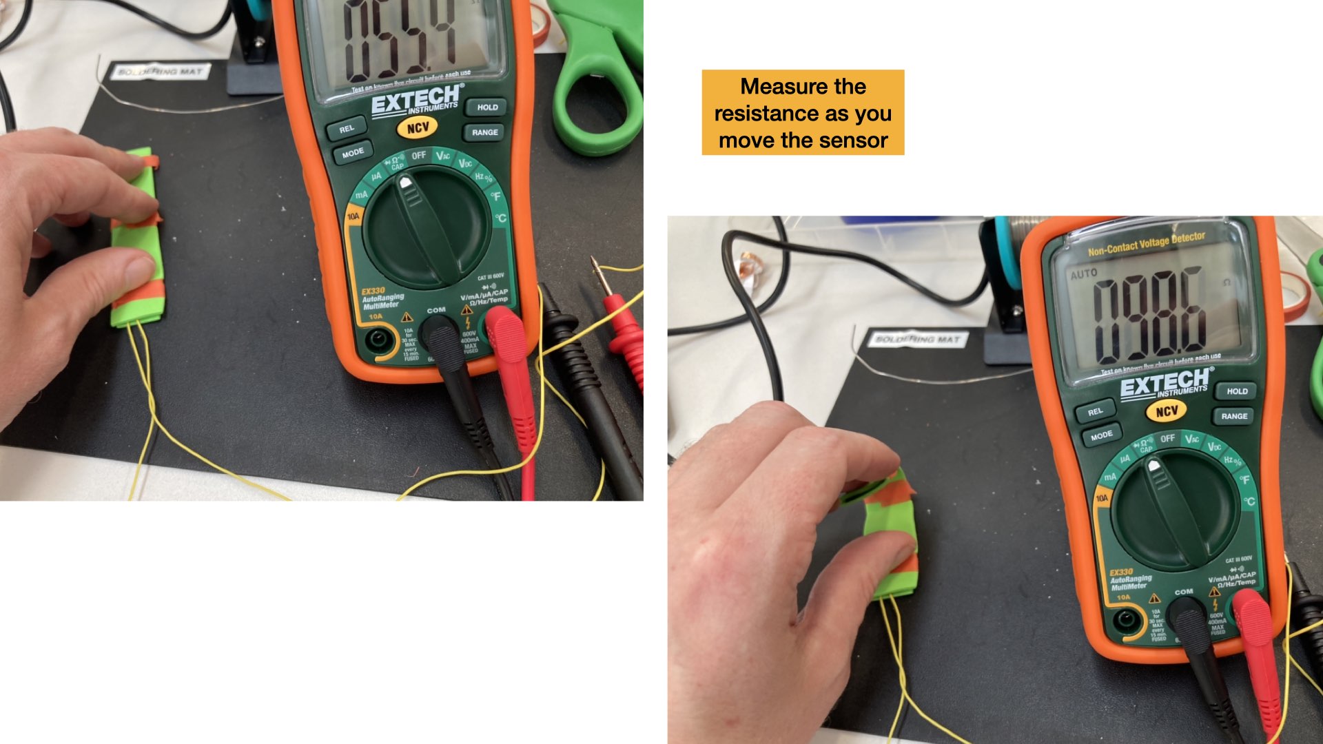 Images shows the measuring of the resistance when the flex sensor is flat and bended, and that it differs