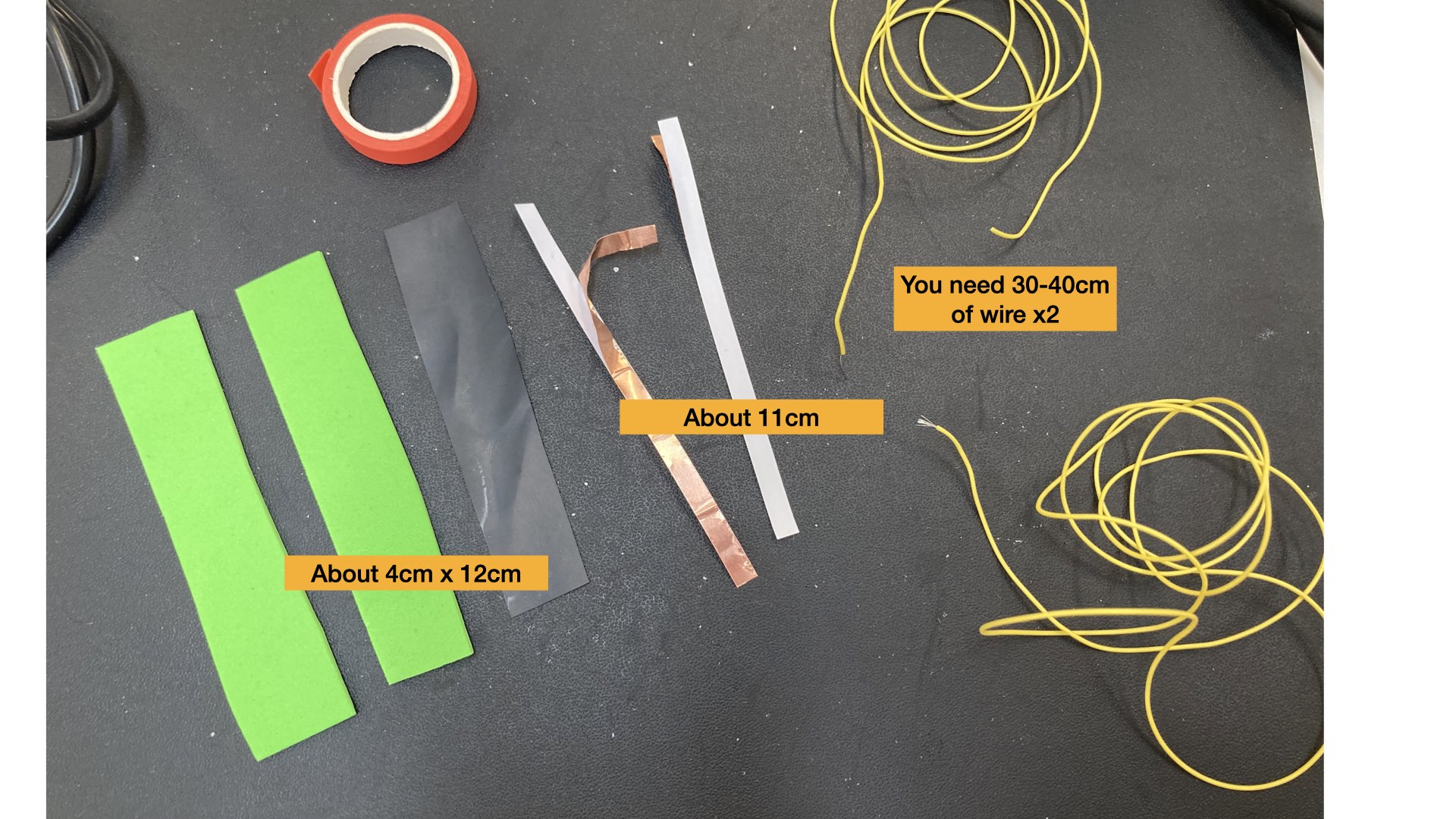 Image of Tape, Foam, Copper tape, Silicon Wire and velostat showing wire should be 30-40 centimeters in length (and you need 2) copper tape should be about 11cm and foam & velostat should be about 4cm by 12cm