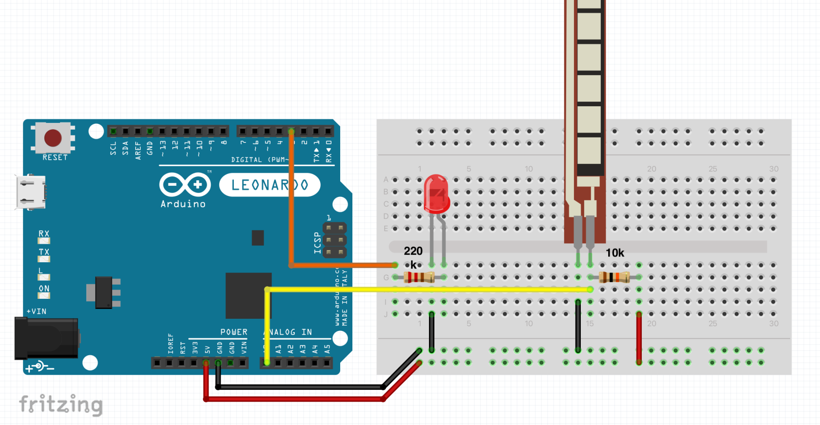 The images shows the wiring of a flex sensor and led on a breadbaord connected to the arduino leonardo