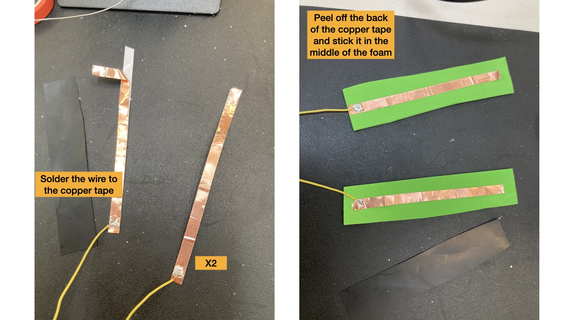 Image showing the copper tape is soldered to the wires at the bottom and then stuck on to the foam