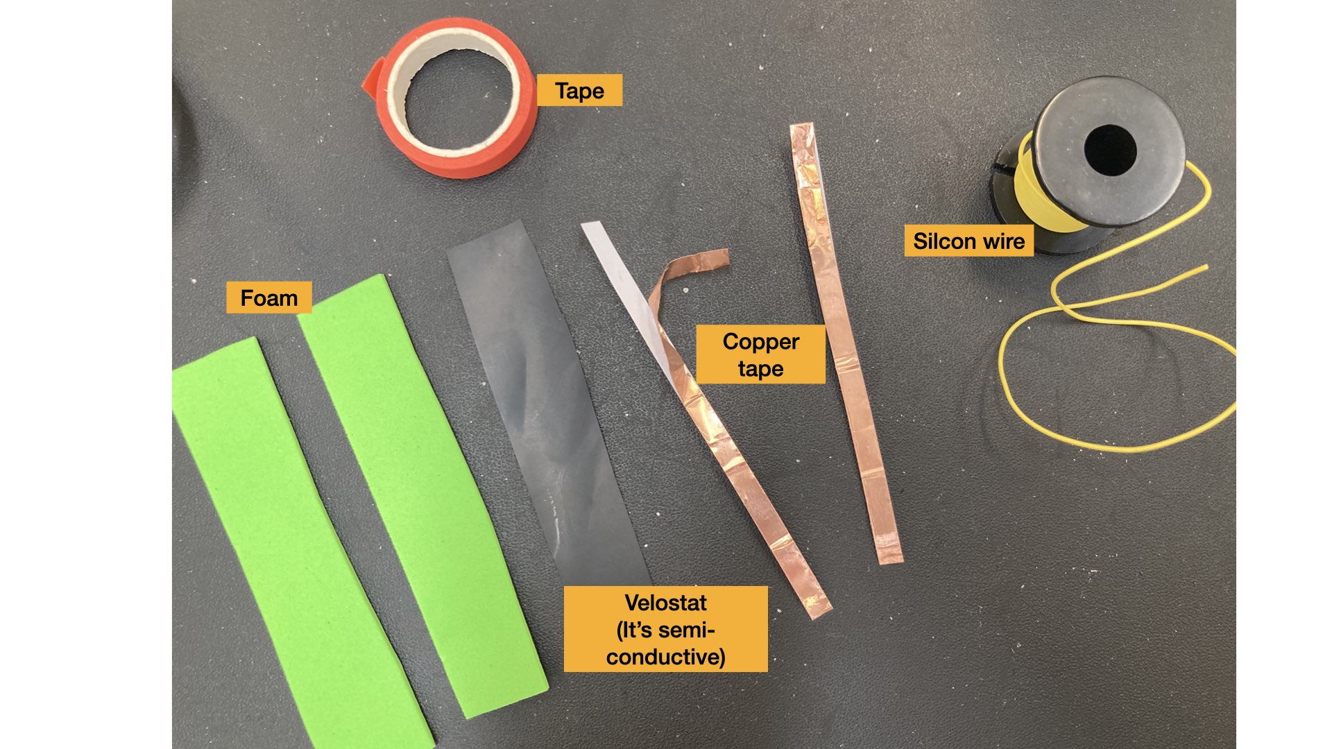 Image of Tape, Foam, Copper tape, Silicon Wire and velostat