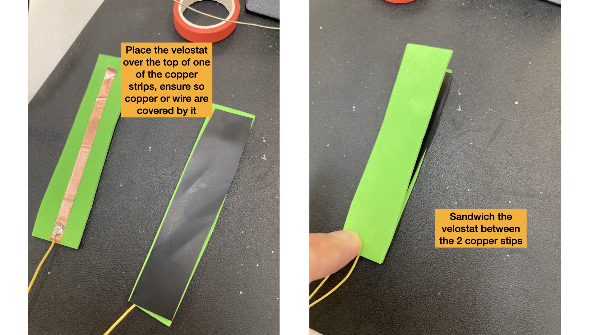 Image shows the sandwhiching of the velostat between the 2 copper stips and foam