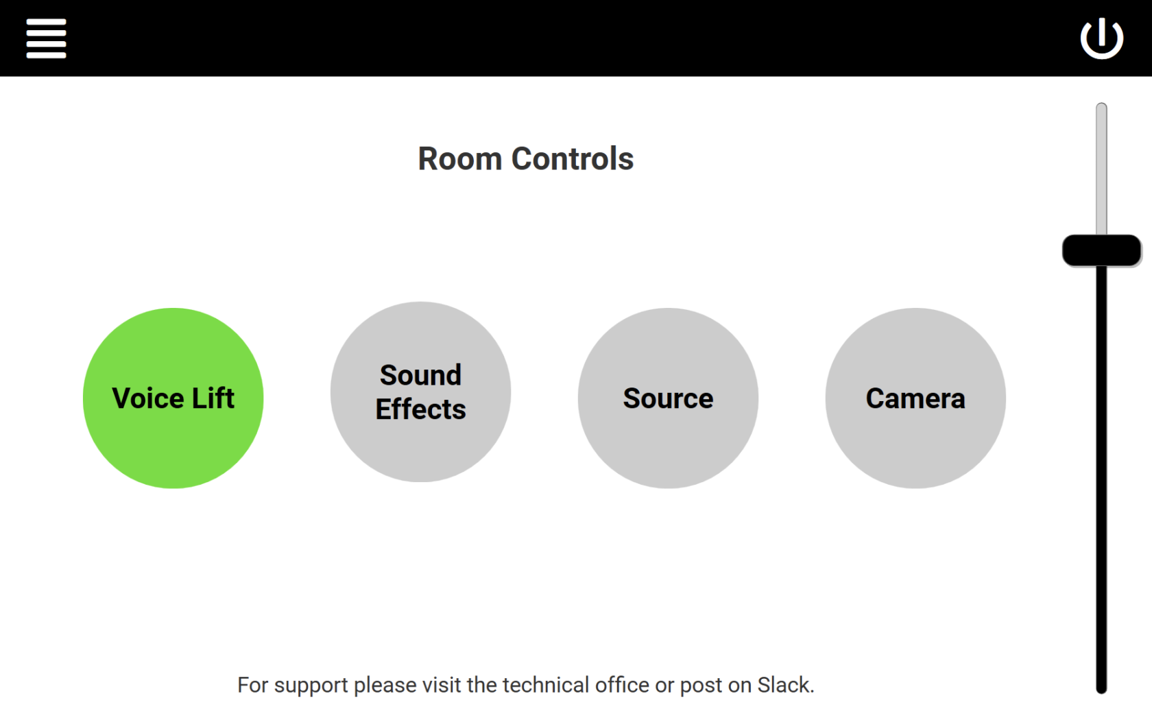 Screenshot of the touch screen showing room controls