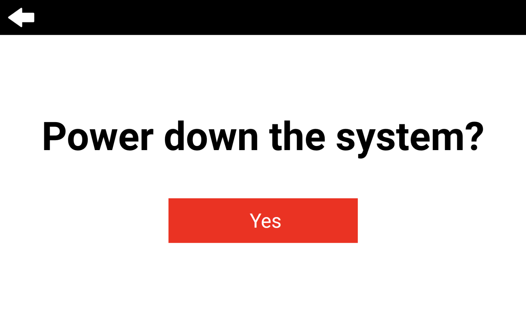 Touch panel screenshot of the Power Down Confirmation Screen