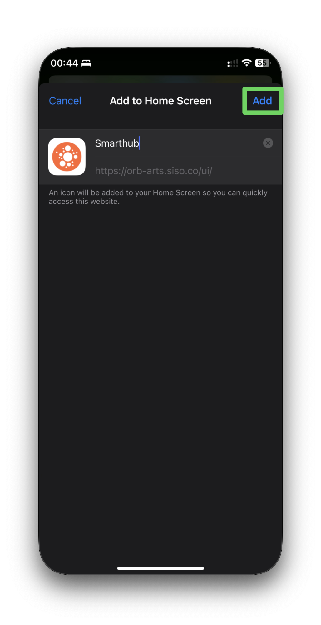 Add to home screen dialogue