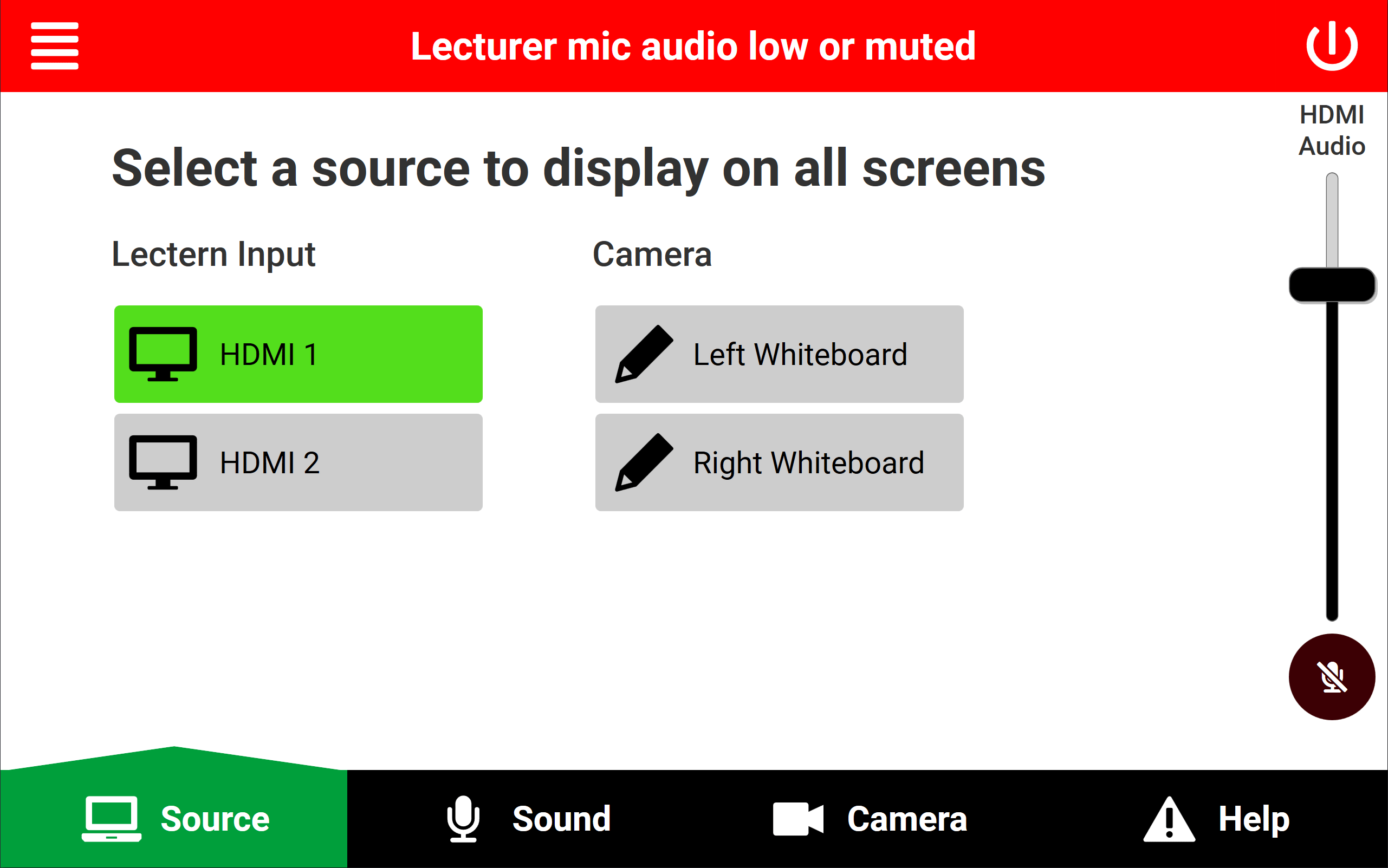 Screenshot of the touch screen showing source controls