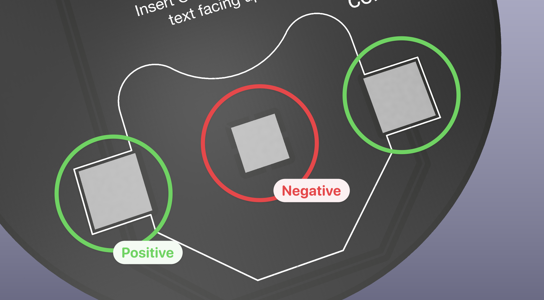 Image highlighting the positive and negative battery connectors on the PCB.