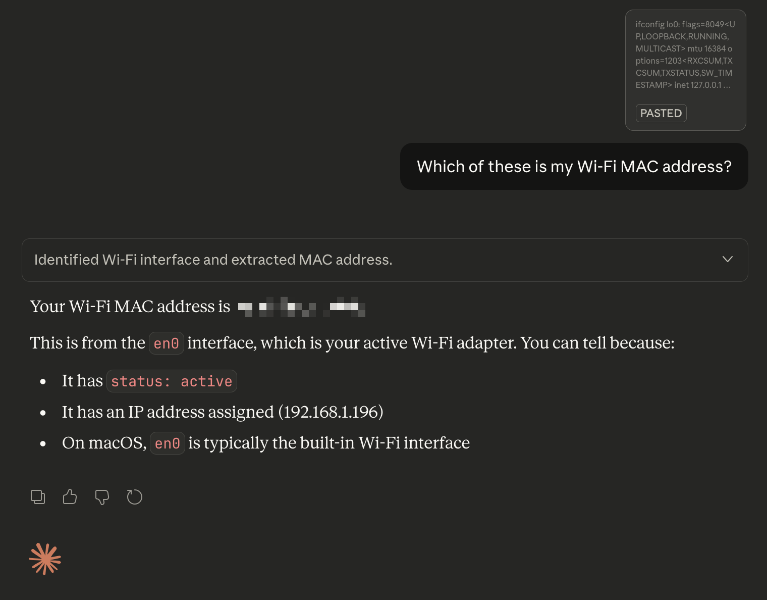 Screenshot asking Claude.ai to identify the Wi-Fi adapter from a copy and paste block of text after running ifconfig in Terminal