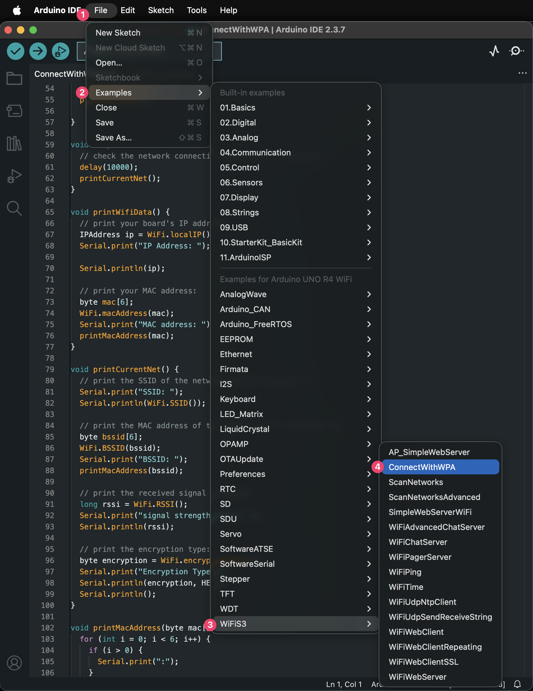 Screenshot highlighting the menu option File > Examples > WiFiS3 > ConnectWithWPA